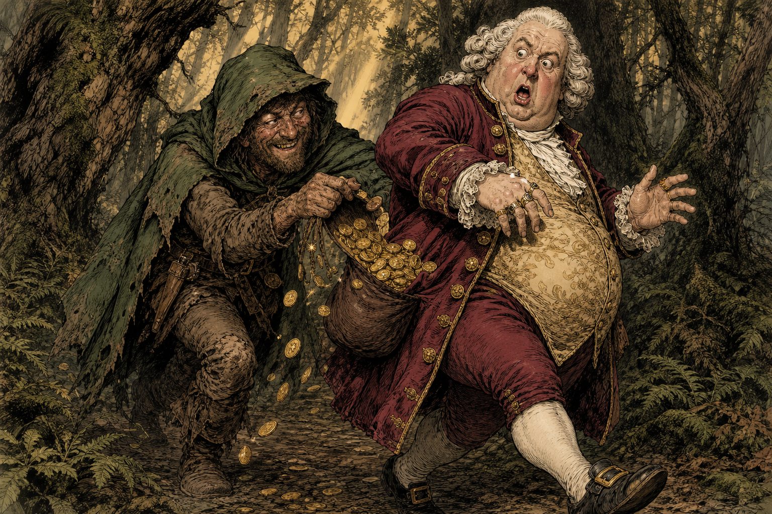 A filthy hooded outlaw pulling a gold sack from a wealthy merchant's pocket in a dark forest
